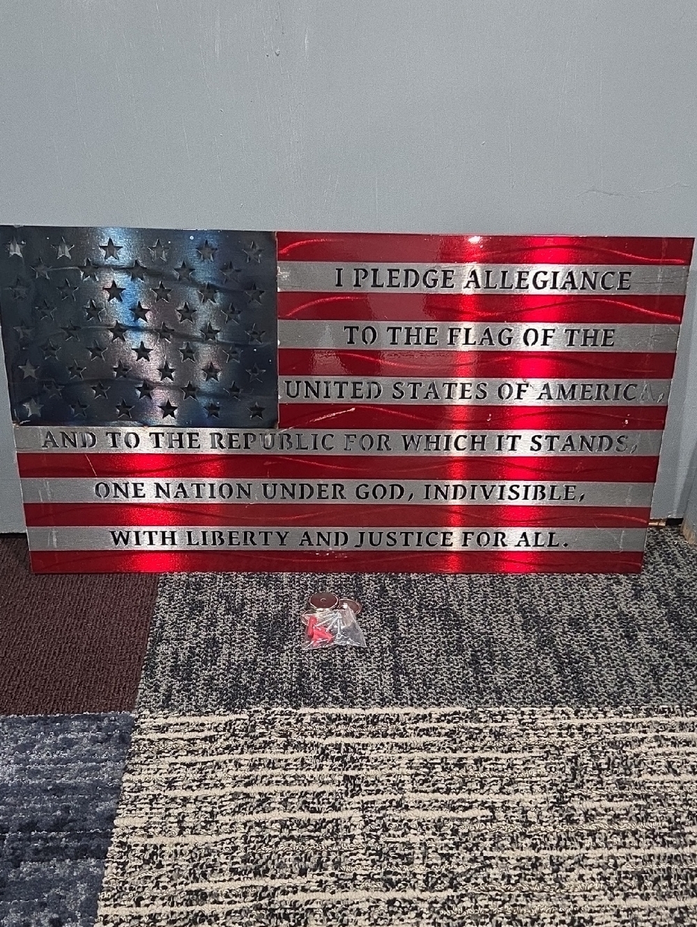American Flag Metal Wall Art with Pledge of Allegiance - Red, Silver, Blue